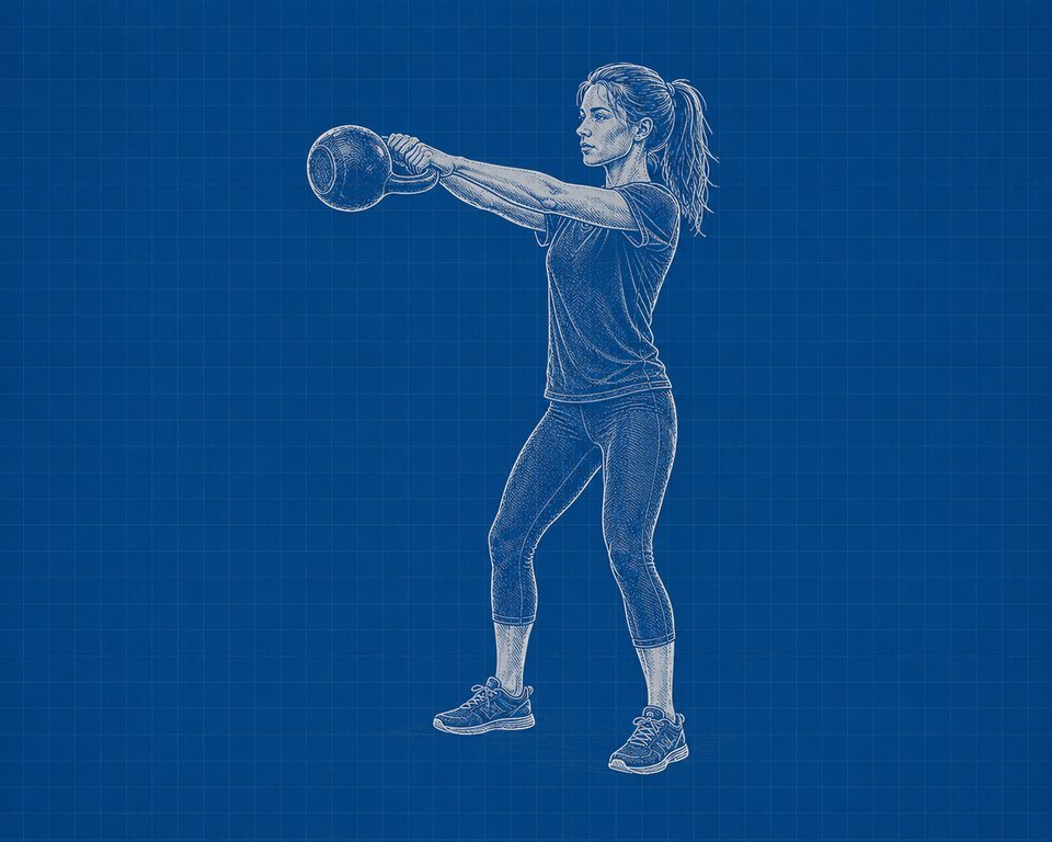 Blueprint-illustratie van een kettlebell swing